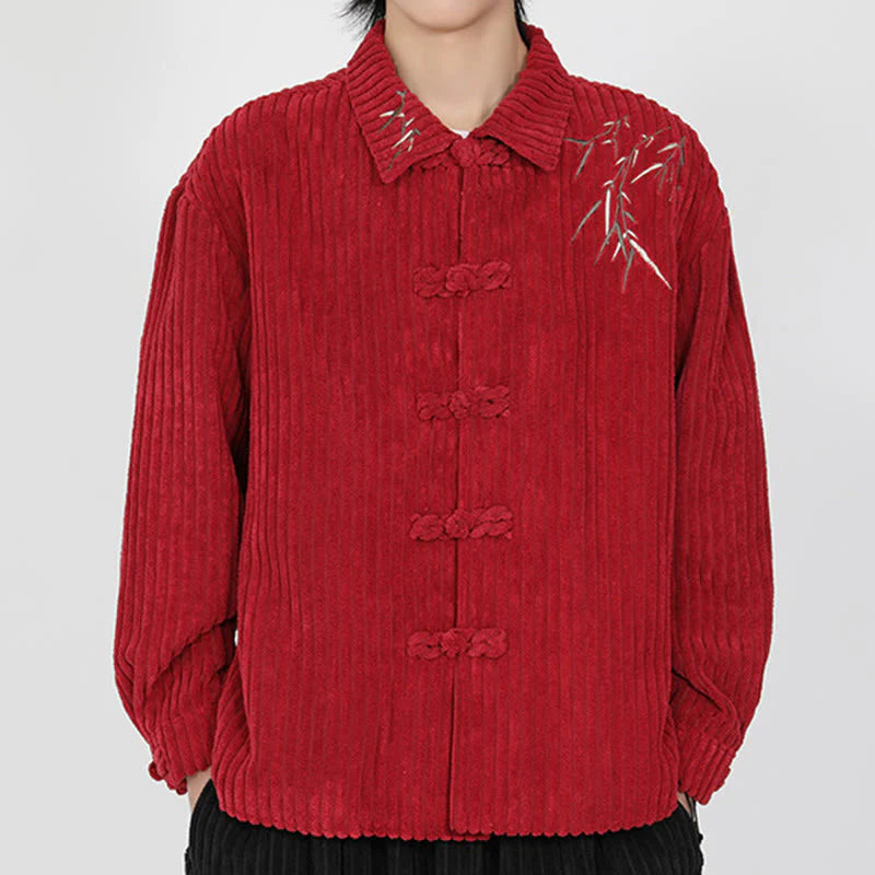 Buddha Stones Embroidery Bamboo Pattern Frog-Button Desgin Long Sleeve Men's Cotton Corduroy Jacket