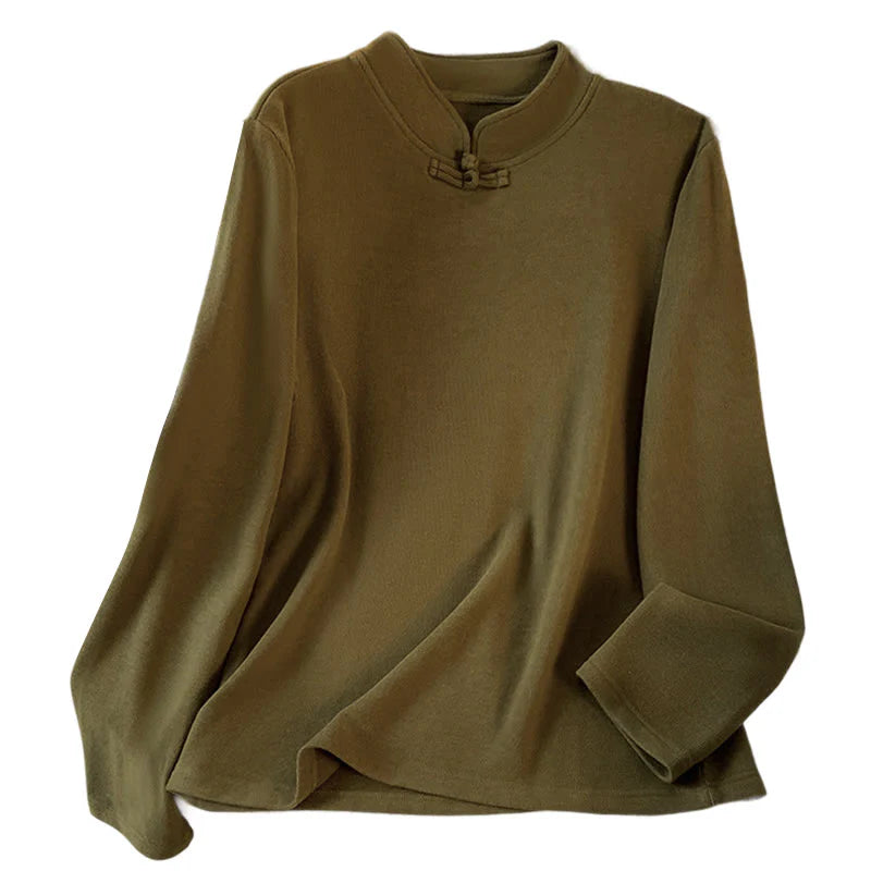 Buddha Stones Spring Solid Color Stand Collar Frog-button Design Women's Cotton Long Sleeve Shirt