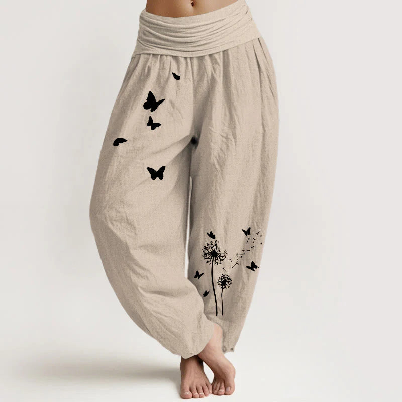 Buddha Stones Pure Cotton Elegant Butterfly Dandelion Pattern Women's Elastic Waist Harem Pants