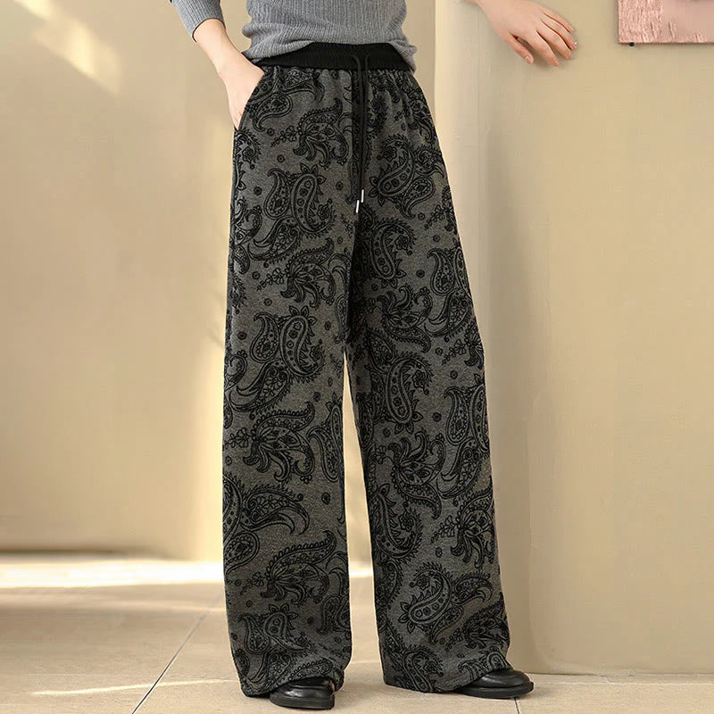 Buddha Stones Jacquard Paisley Pattern Women's Wide Leg Thermal Fleece-Lined Cotton Pants With Pockets