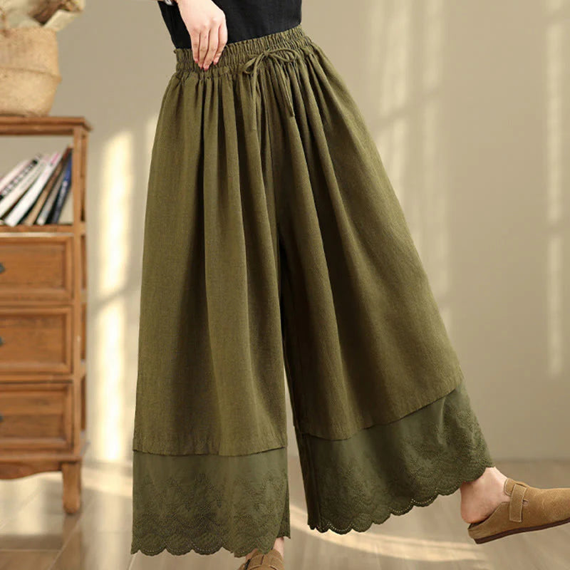 Buddha Stones Spring Embroidery Lace Hem Patchwork Drawstring Design Women's Wide Leg Cotton Pants With Pockets