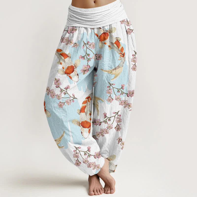 Buddha Stones Cotton Casual Koi Fish Cherry Blossom Pattern Women's Elastic Waist Harem Pants