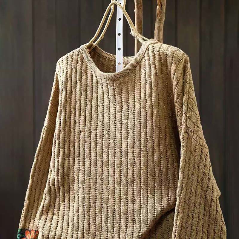 Buddha Stones Winter Patchwork Design Long Sleeve Crew Neck Women's Cotton Sweater