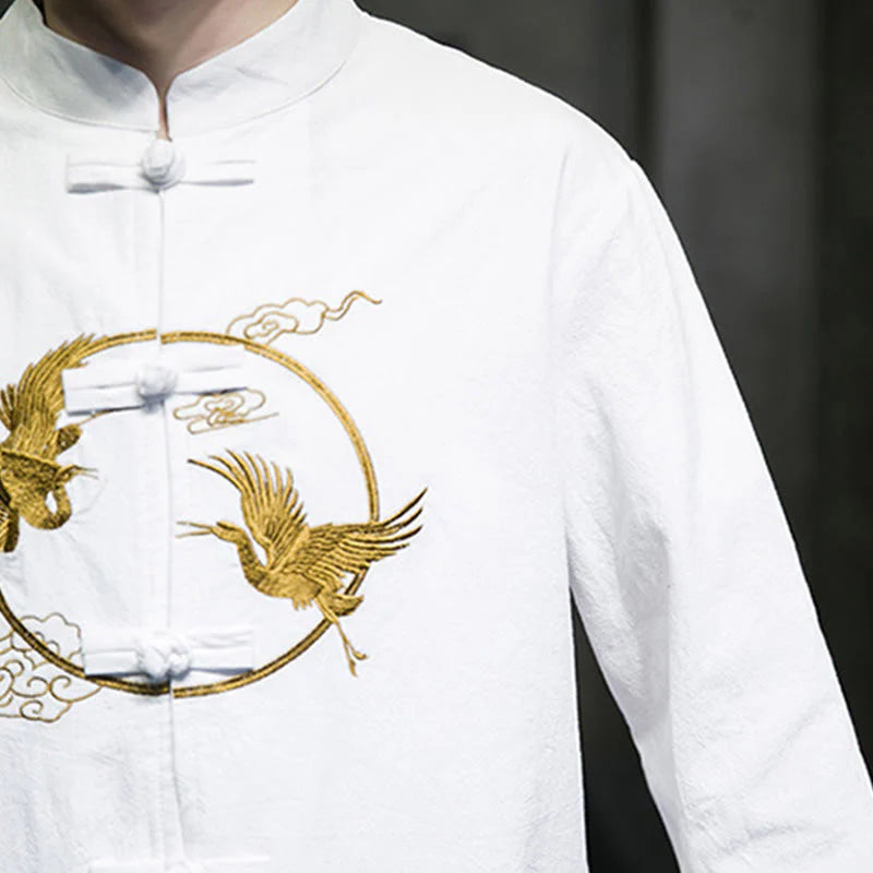 Buddha Stones Embroidery Cranes Pattern Frog-Button Men's Cotton Long Sleeve Jacket With Pockets