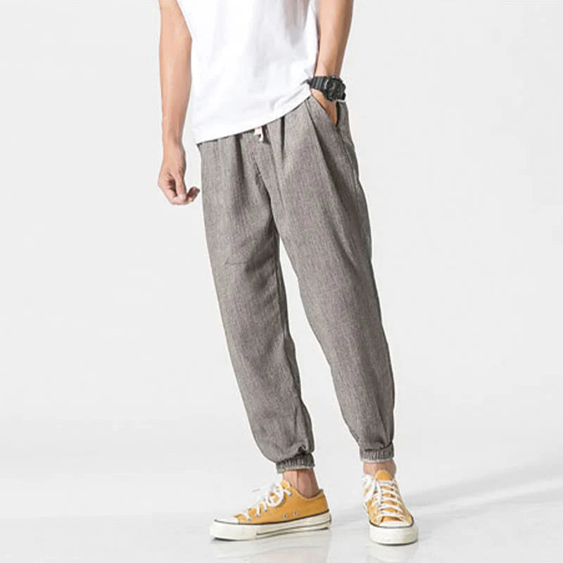 Buddha Stones Simple Drawstring Design Linen Men's Pants With Pockets