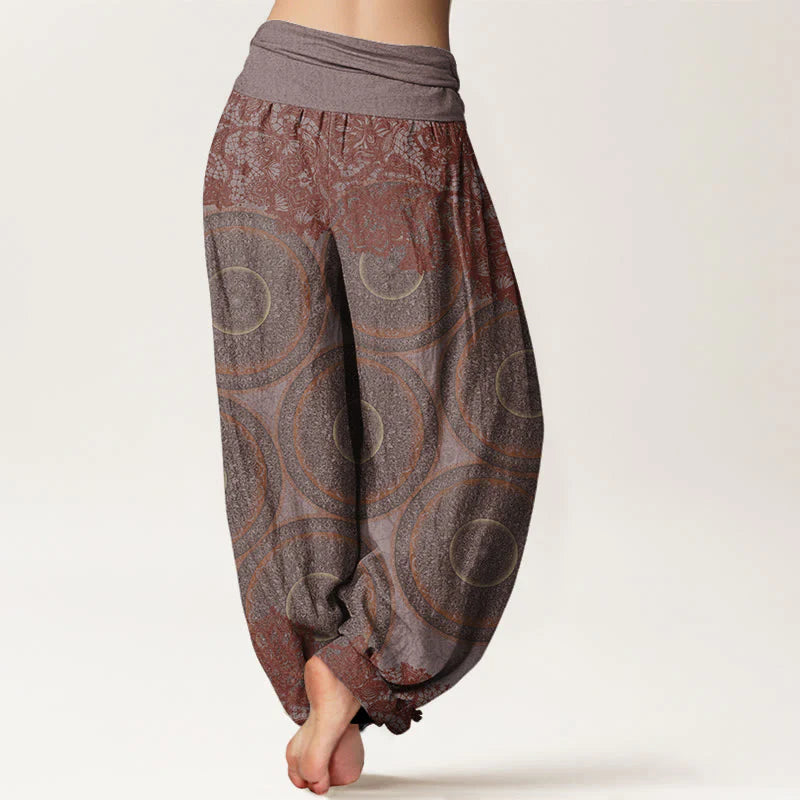 Buddha Stones Cotton Casual Flowers Compass Design Women's Elastic Waist Harem Pants