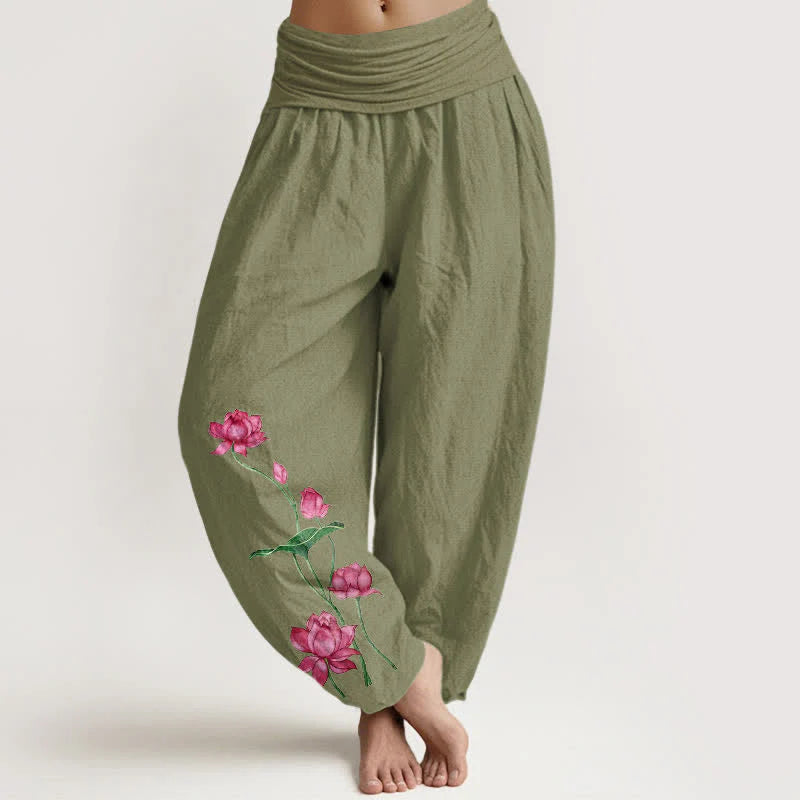 Buddha Stones Pure Cotton Lotus Flower Lotus Leaves Pattern Women's Harem Elastic Waist Pants