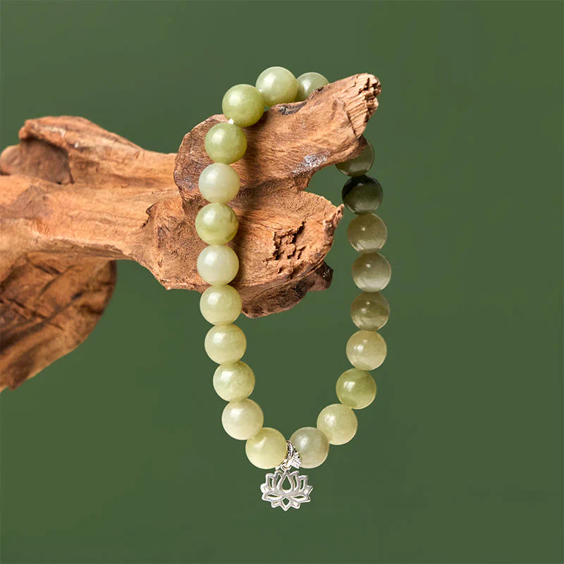 Buddha Stones 925 Sterling Silver Lotus Natural Cyan Jade Luck Bracelet