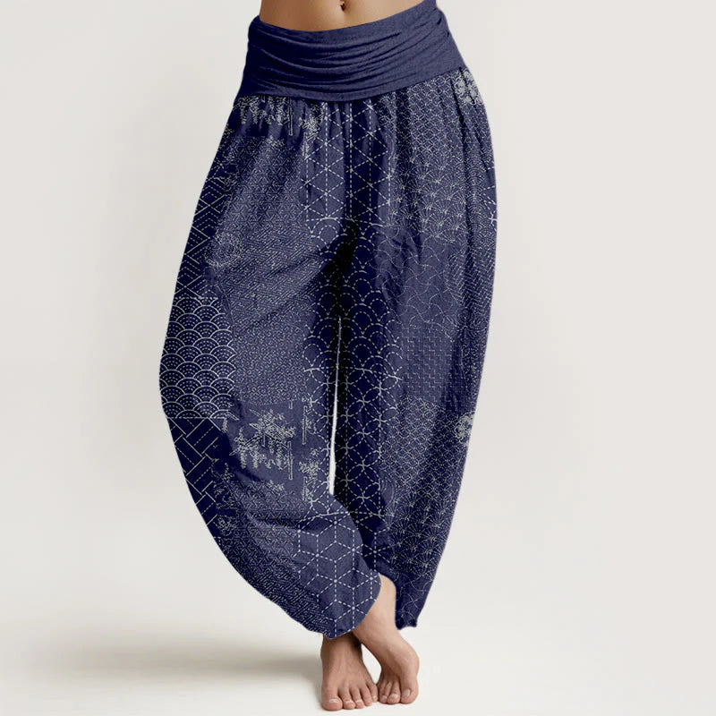 Buddha Stones Geometric Pattern Women's Elastic Waist Harem Pure Cotton Printed Pants