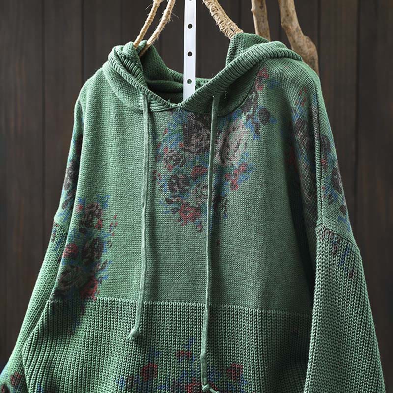 Buddha Stones Women's Knitted Floral Cotton Long Sleeve Hooded Sweater