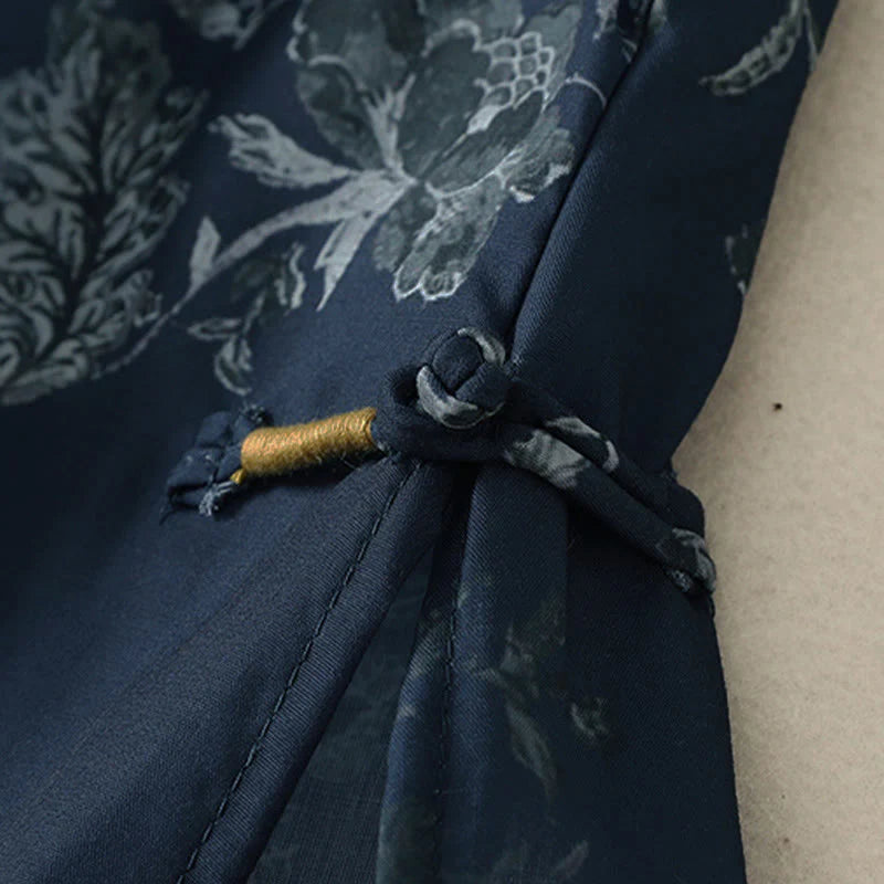 Buddha Stones Stand Collar Frog-Button Floral Print Pattern Short Sleeve Mini Dress