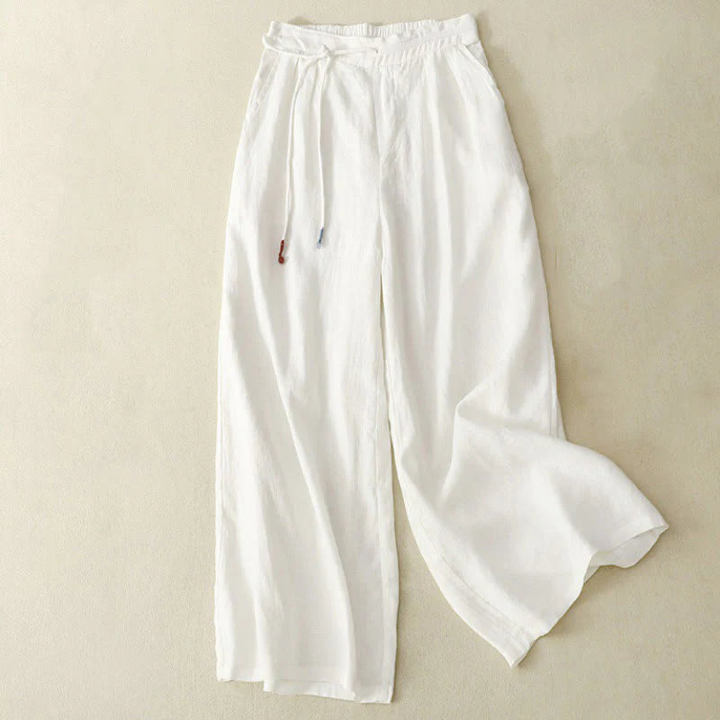 Buddha Stones Spring Casual Solid Color Drawstring Design  Women's Cotton Linen 7-8 Length Wide Leg Pants With Pockets