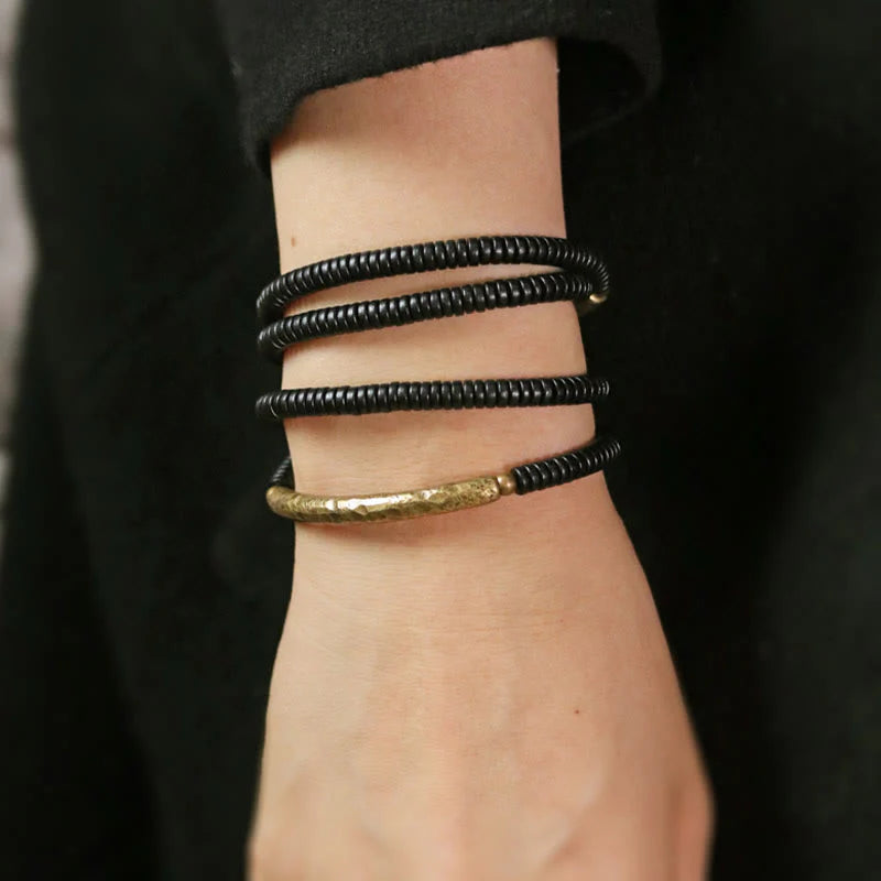 Buddha Stones Ebony Wood Brass Copper Balance Multilayered Bracelet