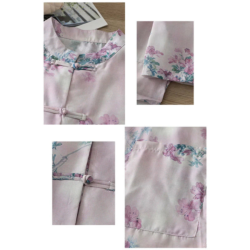 Buddha Stones Fall Purple Floral Green Leaves Print Frog-Button Stand Collar Long Sleeve Women's Cotton Shirt