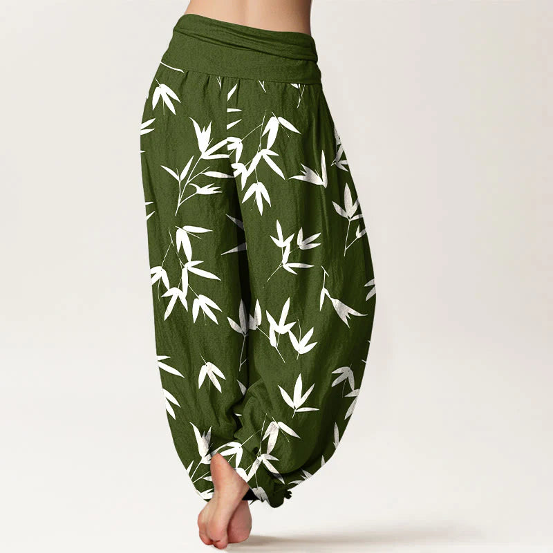 Buddha Stones Pure Cotton Simple Elegant Bamboo Leaf Pattern Women's Elastic Waist Harem Pants