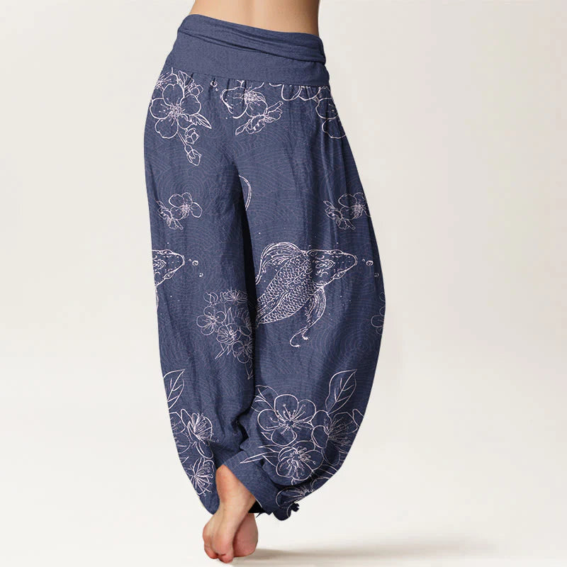 Buddha Stones Pure Cotton Exquisite Koi Fish Flowers Patterns Women's Elastic Waist Harem Pants