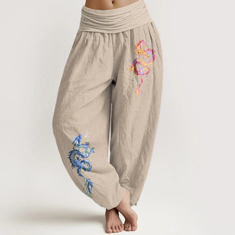 Buddha Stones Pure Cotton Striking Dragon Pattern Women's Elastic Waist Harem Pants