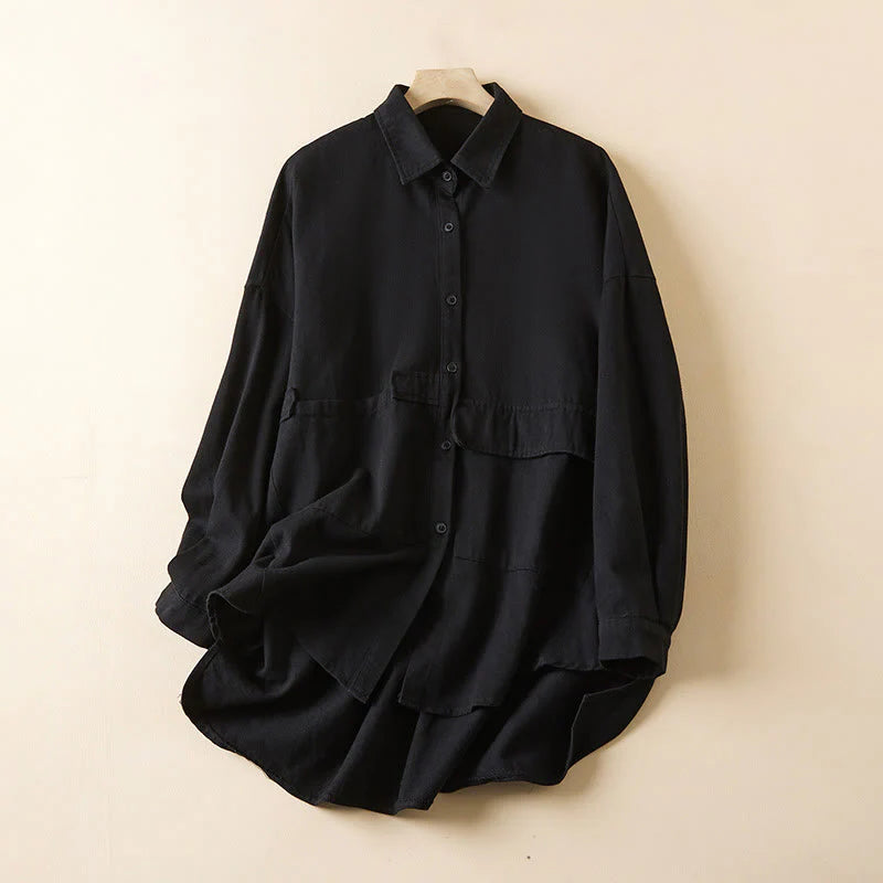 Buddha Stones Fall Irregular Design Long Sleeve Women's Cotton Linen Lapel Jacket With Pockets