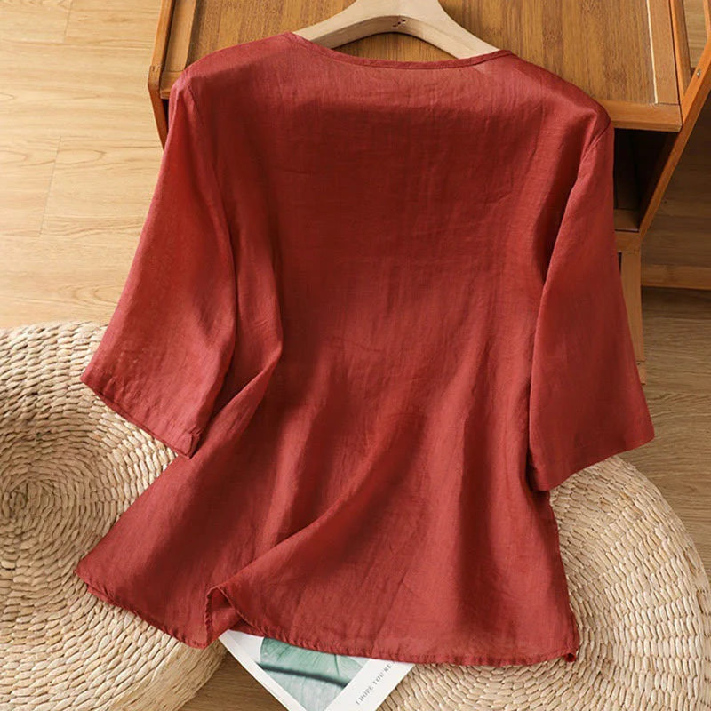 Buddha Stones Casual Embroidery Flowers Cotton Polyester Half Sleeve Women's Crew Neck Shirt