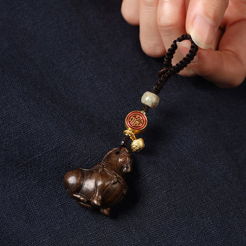 Buddha Stones Year Of The Horse Fu Character Small Leaf Red Sandalwood Various Sandalwood Balance Key Chain