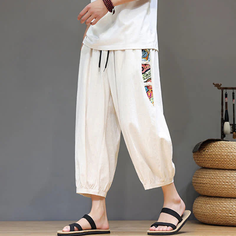 Buddha Stones Summer Tribal Side Stripe Drawstring Waist Men's Capri Tapered Pants With Pockets