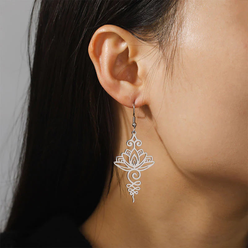Buddha Stones Hollow Lotus Flower Stainless Steel Enlightenment Metal Drop Earrings