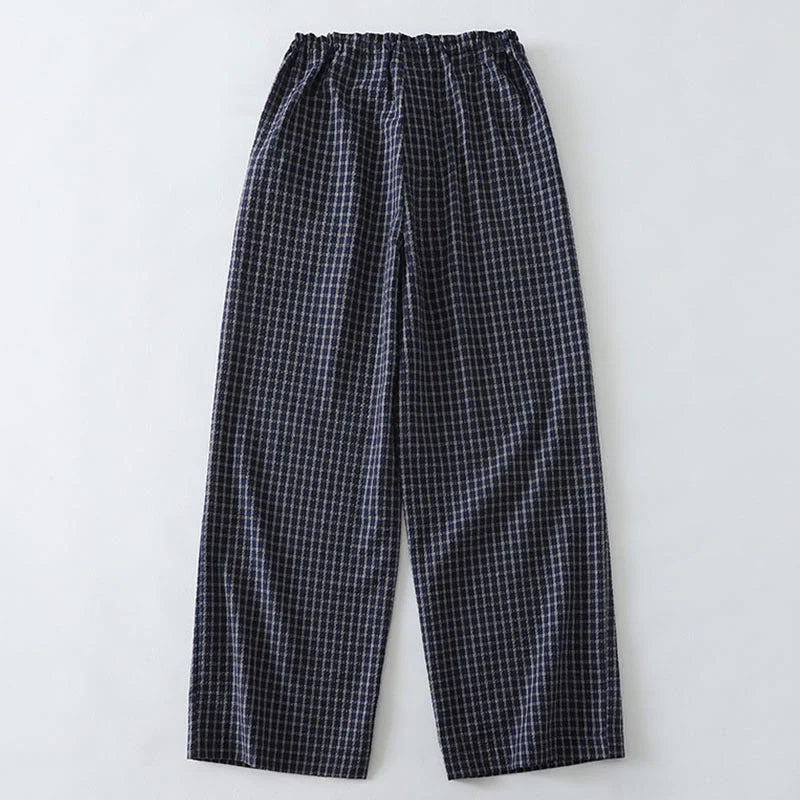 Buddha Stones Casual Plaid Pattern Women's Cotton Wide Leg Pants With Pockets