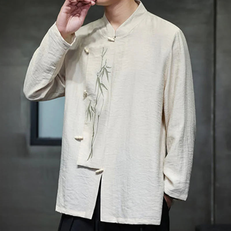 Buddha Stones Fall Solid Color Bamboo Leaf Embroidery Men's Long Sleeve Cotton Linen Shirt