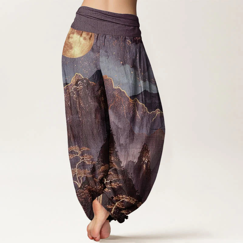 Buddha Stones Cotton Casual Full Moon Mountains Trees River Pattern Women's Elastic Waist Harem Pants