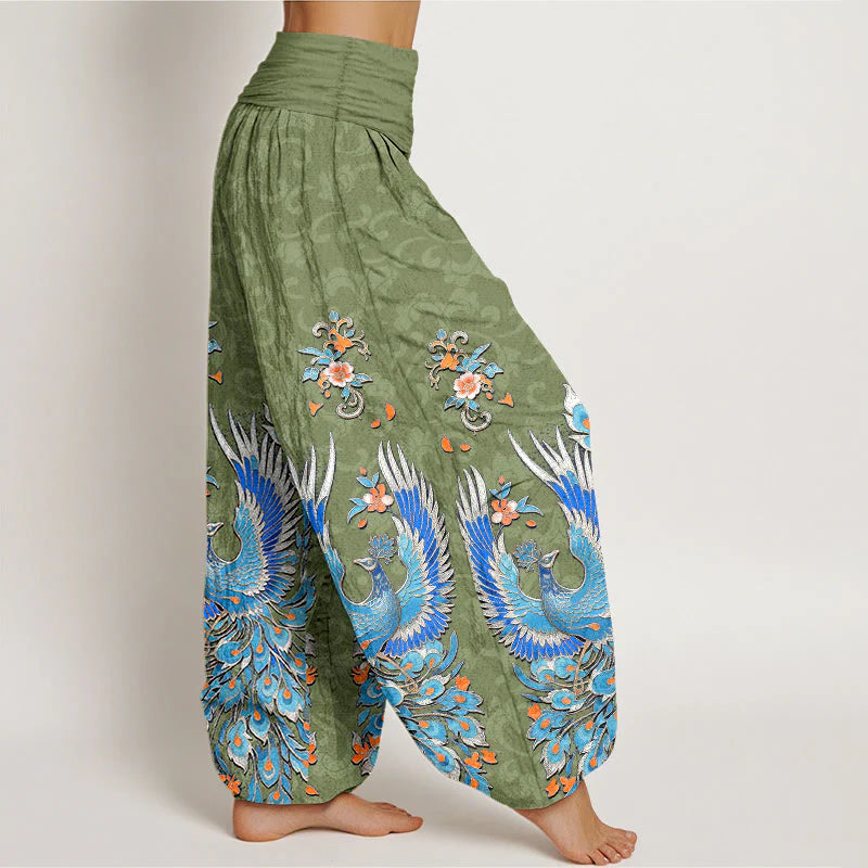 Buddha Stones Cotton Phoenix Peach Blossom Pattern Women's Elastic Waist Harem Pants