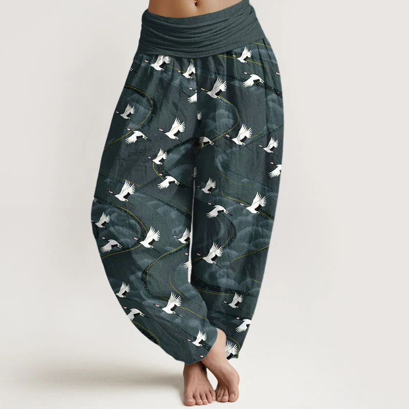 Buddha Stones Cotton Elegant Cranes Winding Lines Pattern Women's Elastic Waist Harem Pants