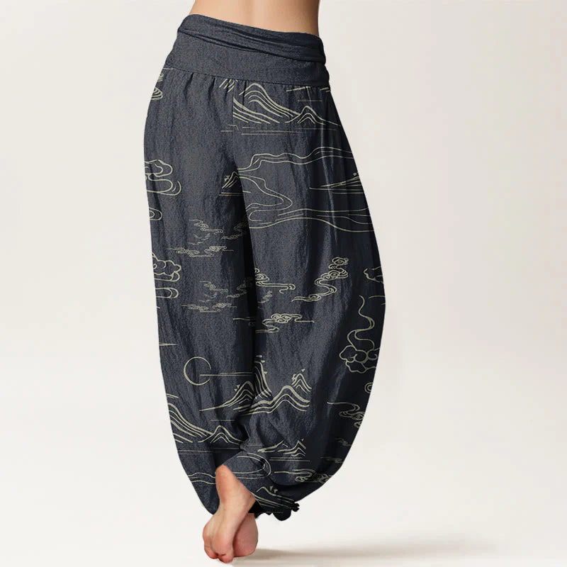 Buddha Stones Cotton Mountain Moon Auspicious Clouds Pattern Women's Elastic Waist Harem Pants