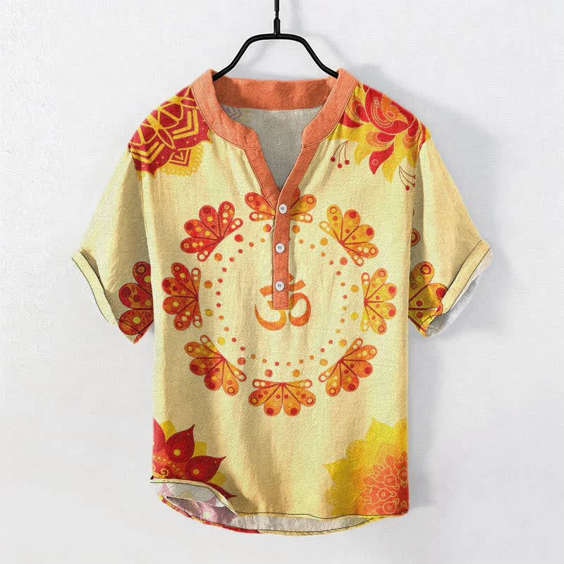 Buddha Stones Cotton Om Lotus Mandala Peacock Emblem Men's Short Sleeve Half Button Shirt