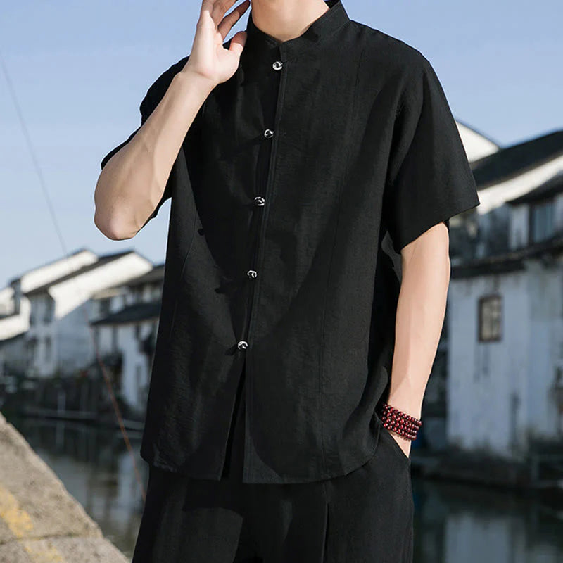 Buddha Stones Summer Solid Color Front Button Design Men's Half Sleeve Cotton Shirt