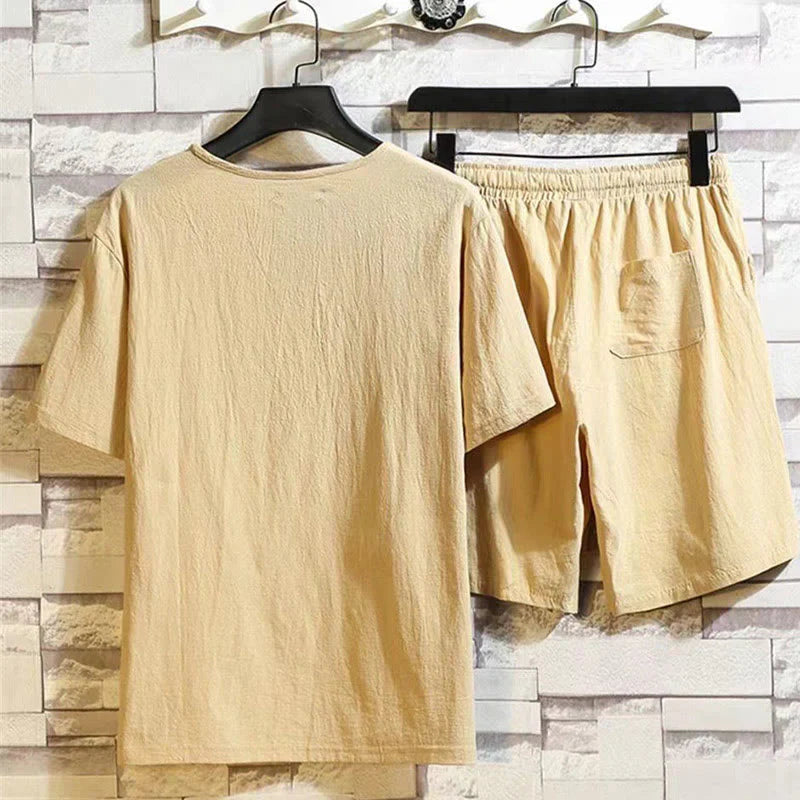 Buddha Stones 2Pcs Short Sleeve T-Shirt Drawstring Short Pants With Pockets Men's Cotton Linen Meditation Cloth Set