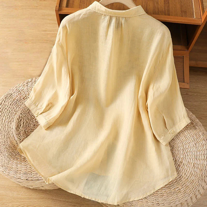 Buddha Stones Casual Plant Embroidery Stand Collar Women's Cotton Blend Three Quarter Sleeve Shirt