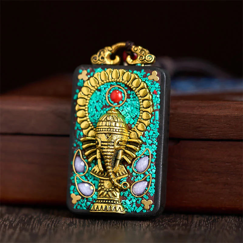 Buddha Stones Tibetan Ganesh Ganpati Elephant Ebony Wood Rope Peace Necklace Pendant