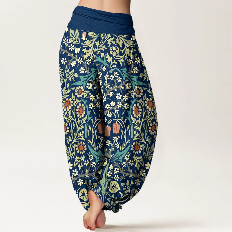 Buddha Stones Pure Cotton Retro Flowers Leaves Pattern Women's Elastic Waist Harem Pants