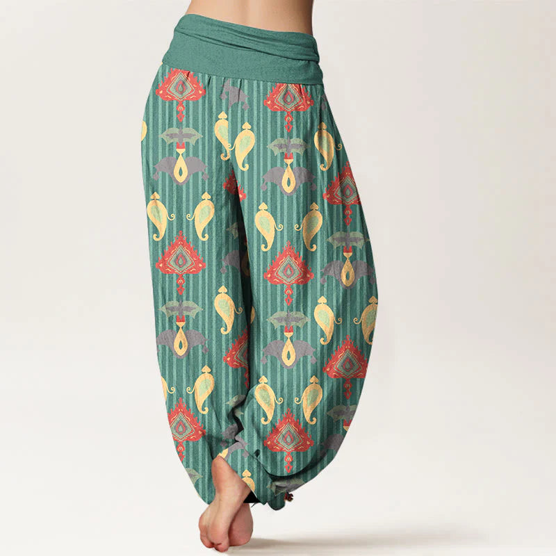 Buddha Stones Pure Cotton Triangle Flame Geometric Shapes Feather Women's Elastic Waist Harem Pants