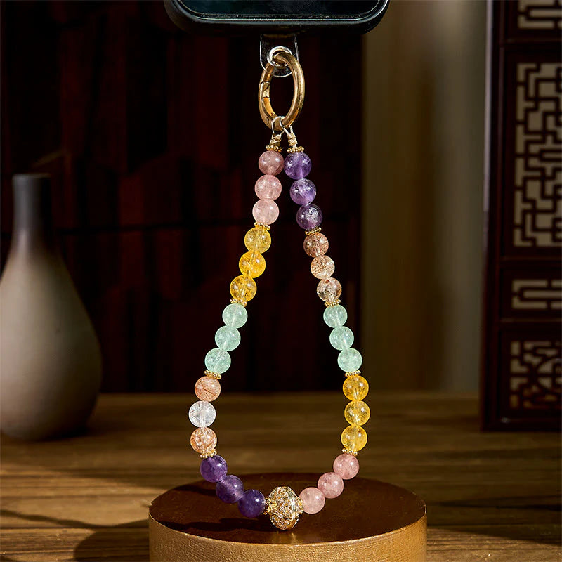 Buddha Stones 8mm Multicolored Amethyst Strawberry Quartz Balance Key Chain Phone Hanging Decoration