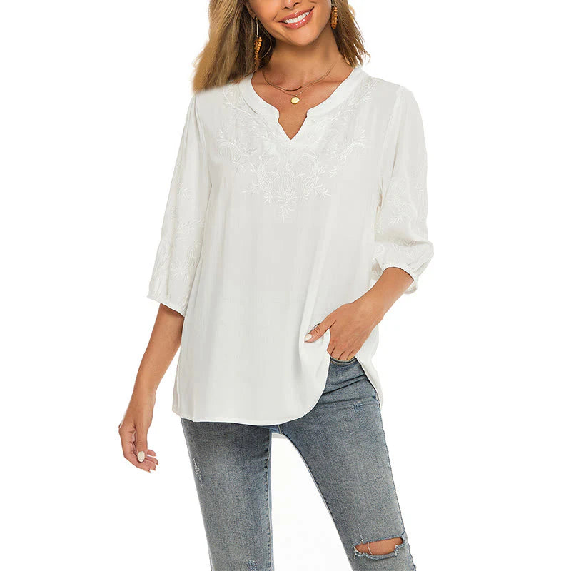 Buddha Stones Casual Solid Color Embroidery Flower Three Quarter Sleeve V-Neck Women's T-Shirt