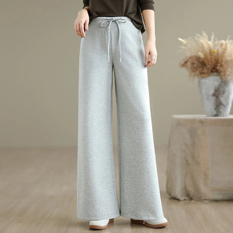 Buddha Stones Plain Drawstring Cotton Polyester Women's Wide Leg Pants With Pockets