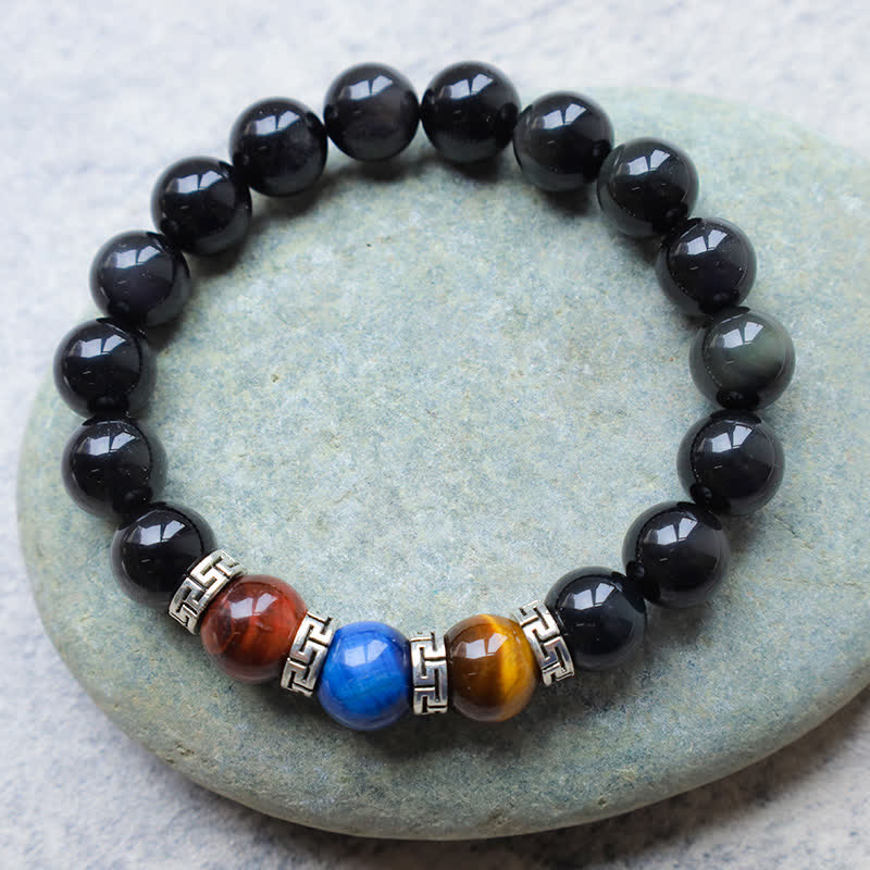 Buddha Stones Natural Black Obsidian Tricolor Tiger Eye Strength Bracelet