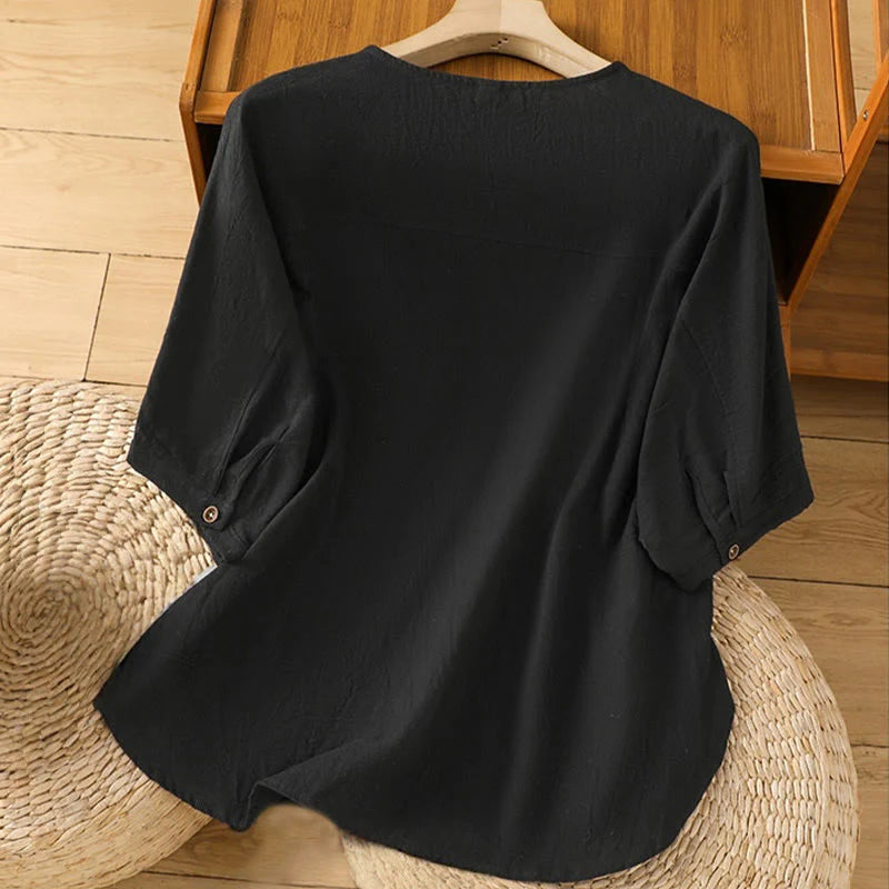 Buddha Stones Casual Plain Buttons Half Sleeve Women's Cotton Linen Shirt With Pocket