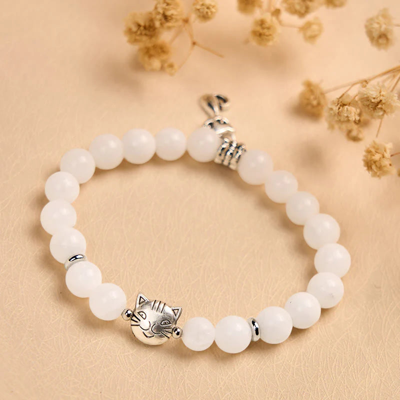 Buddha Stones White Cat Natural White Chalcedony Bead Positive Bracelet