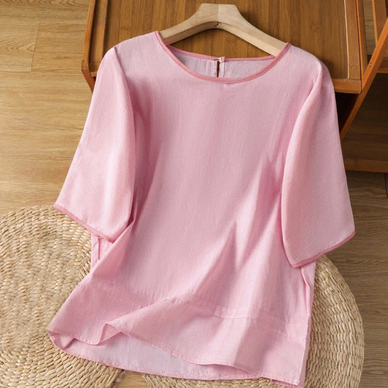 Buddha Stones Pullover Stripes Crew Neck Design Women's Cotton Short Sleeves Shirt