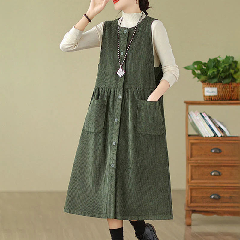 Buddha Stones Fall Retro Buttons Design Corduroy Sleeveless Midi Dress With Pockets