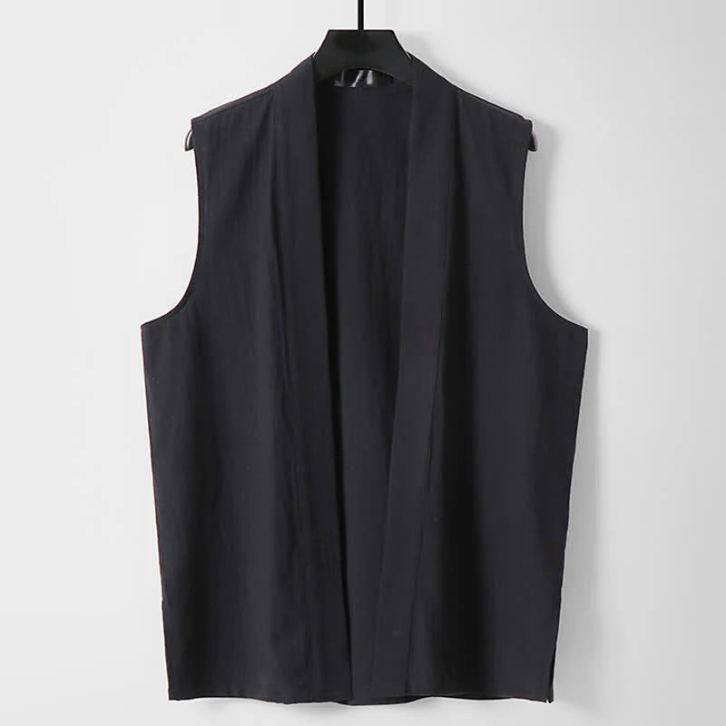 Buddha Stones Spring Pure Color Open Front Design Men's Cotton Linen Sleeveless Kimono
