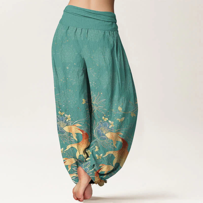 Buddha Stones Cotton Butterfly Koi Fish Lotus Pattern Women's Elastic Waist Harem Pants
