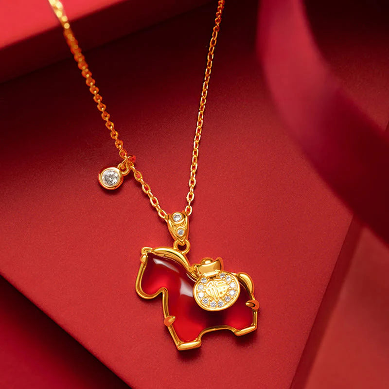 Buddha Stones Year Of The Horse Red Agate Fu Character Confidence Necklace Pendants